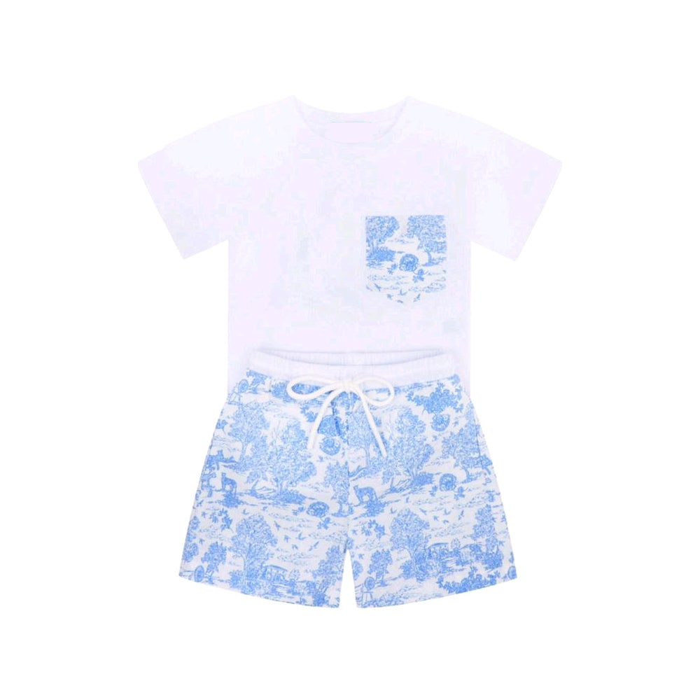 Preorder Baby Boy Pocket White Shirt Animals Tree Shorts Clothes Set ( Moq 5 )
