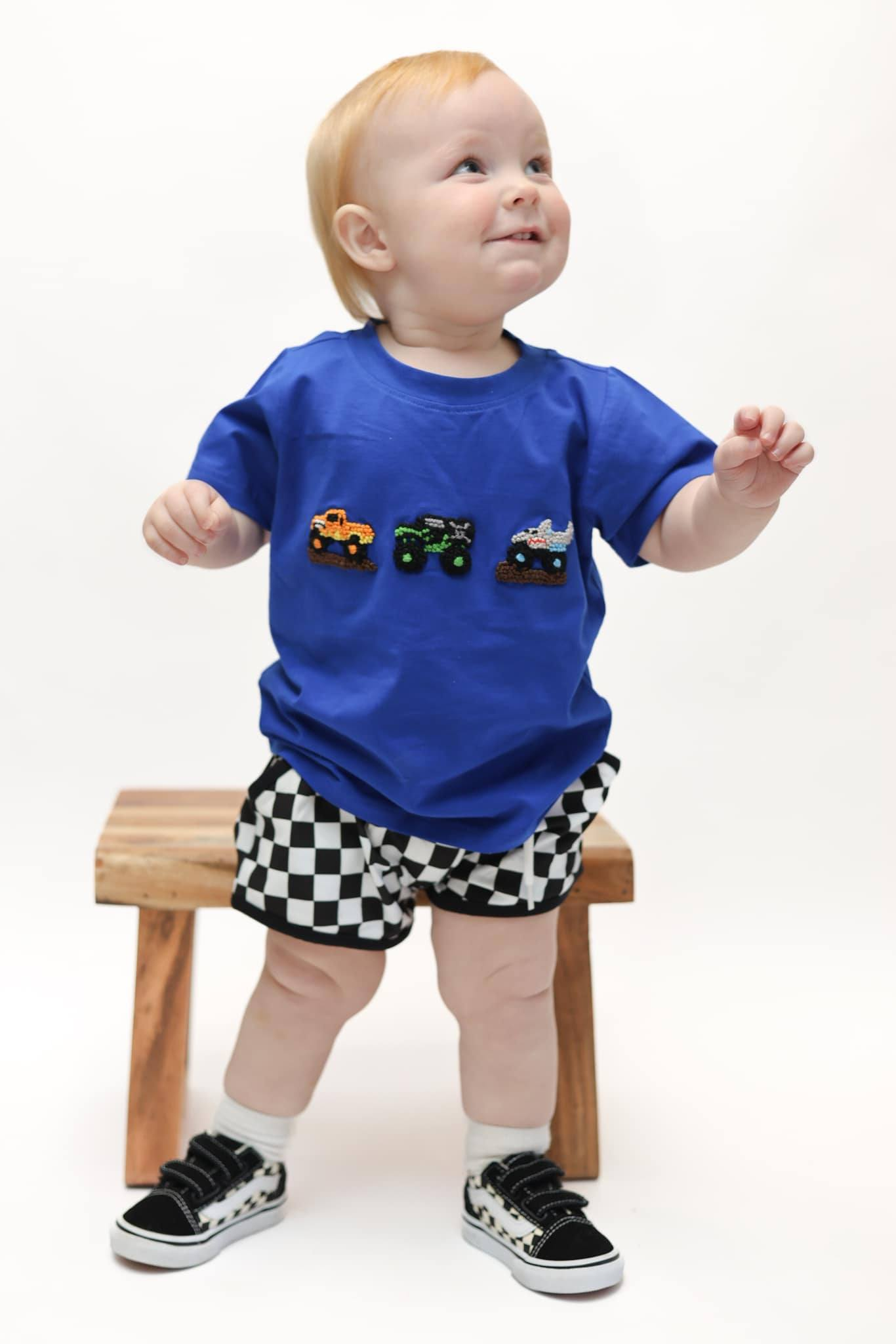 Preorder Baby Boy Blue Trucks Shirt Checked Shorts Clothes Set ( Moq 5 )