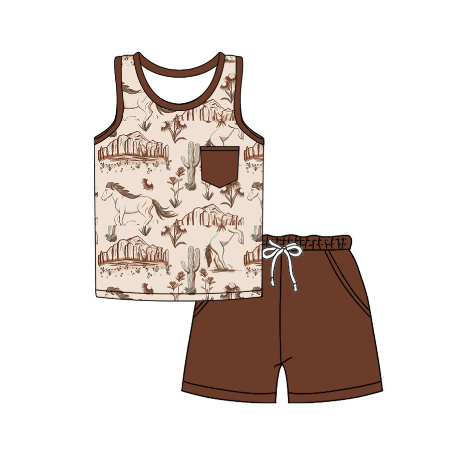 Preorder Baby Boy Western Horse Cactus Shirt Shorts Clothes Set ( Moq 5 )