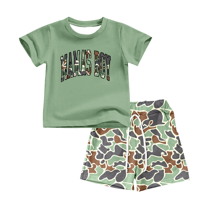 Preorder Baby Kids Green Mama's Boy Shirt Camo Pockets Shorts Clothes Set ( Moq 5 )