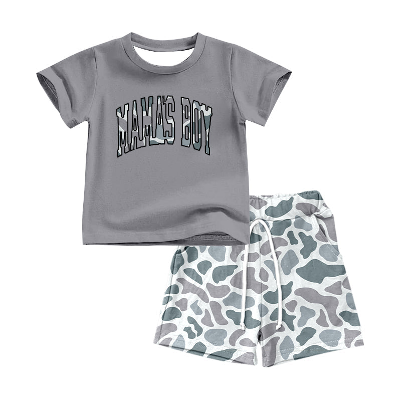Preorder Baby Kids Grey Mama's Boy Shirt Camo Pockets Shorts Clothes Set ( Moq 5 )