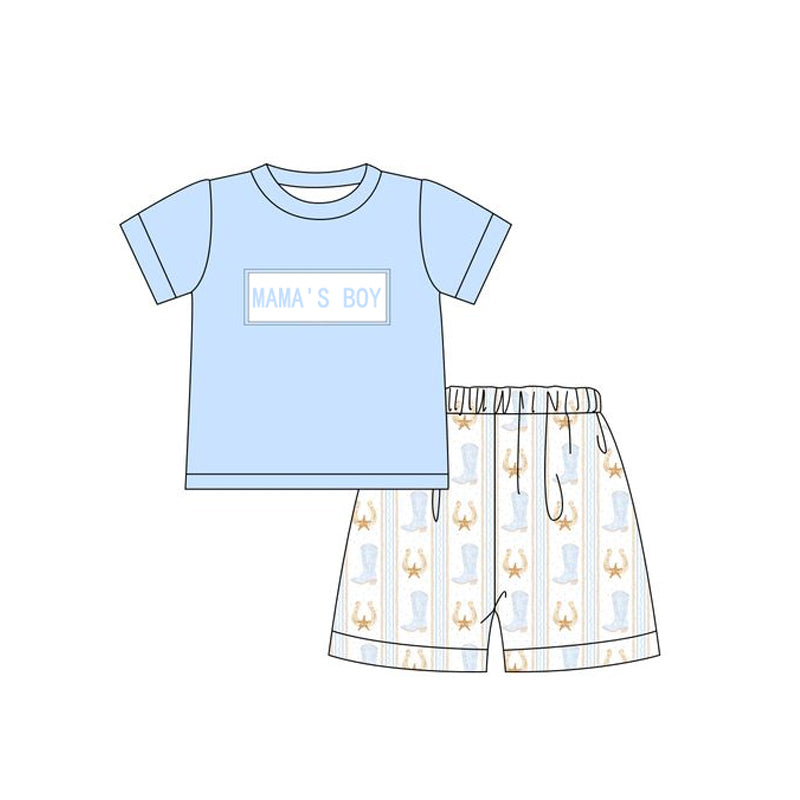 Preorder Baby Kids Short Sleeves Mama's Boy Shirt Western Boots Shorts Set ( Moq 5 )