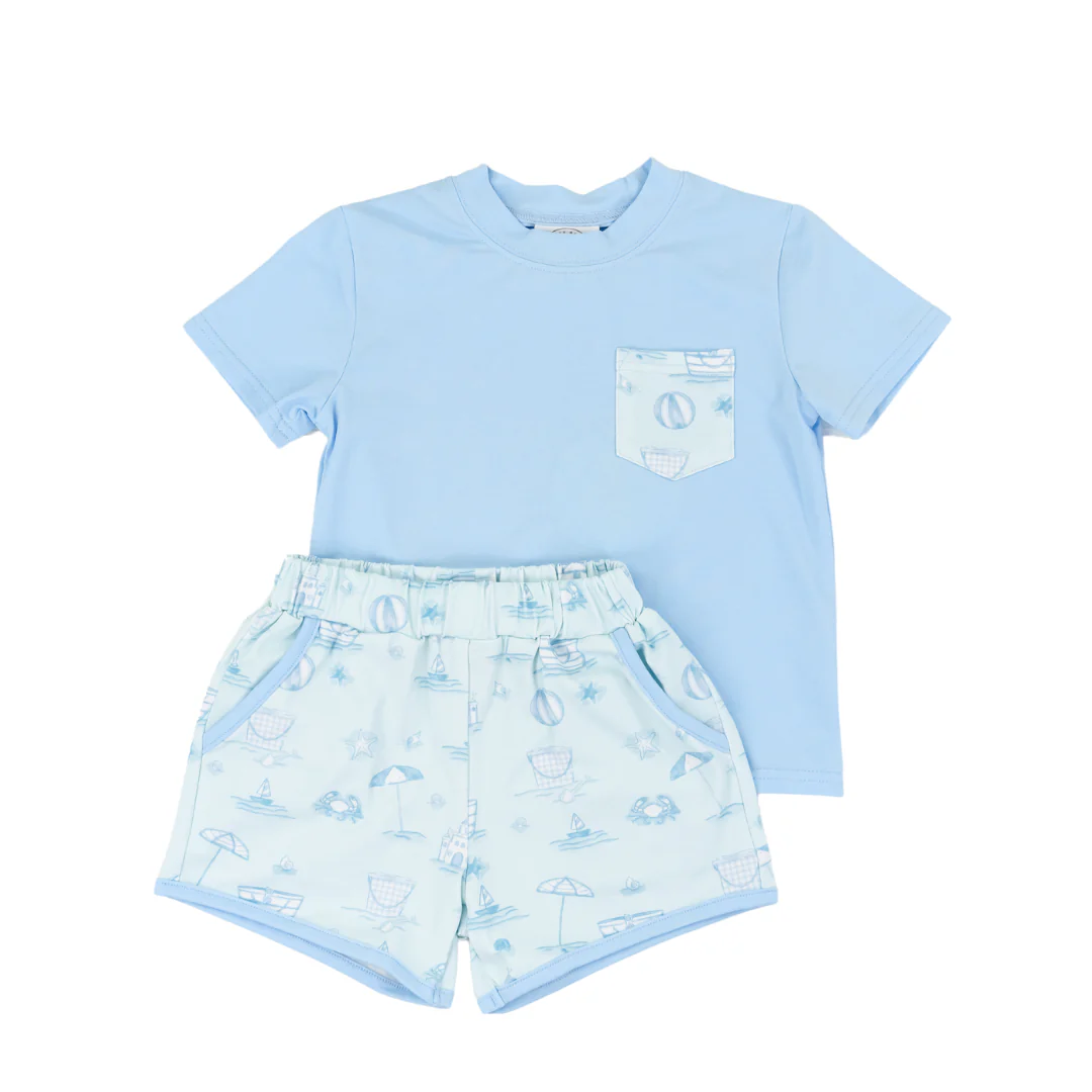 Preorder Baby Boy Short Sleeves Blue Shirt Beach Ball Shorts Clothes Set ( Moq 5 )
