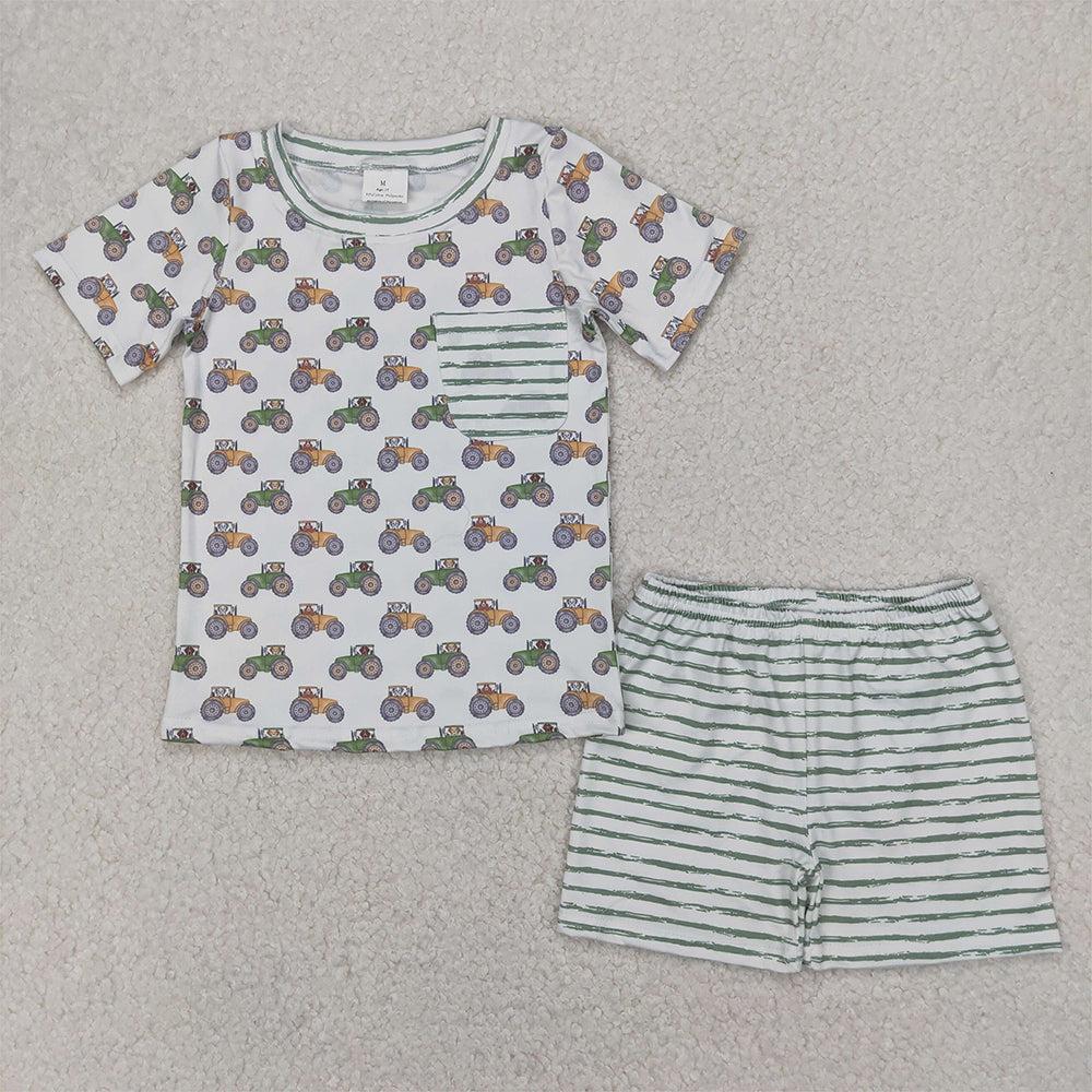 Sibling Baby Boys Kids Dogs Tractors Pockets Romper Set Summer Clothes RTS