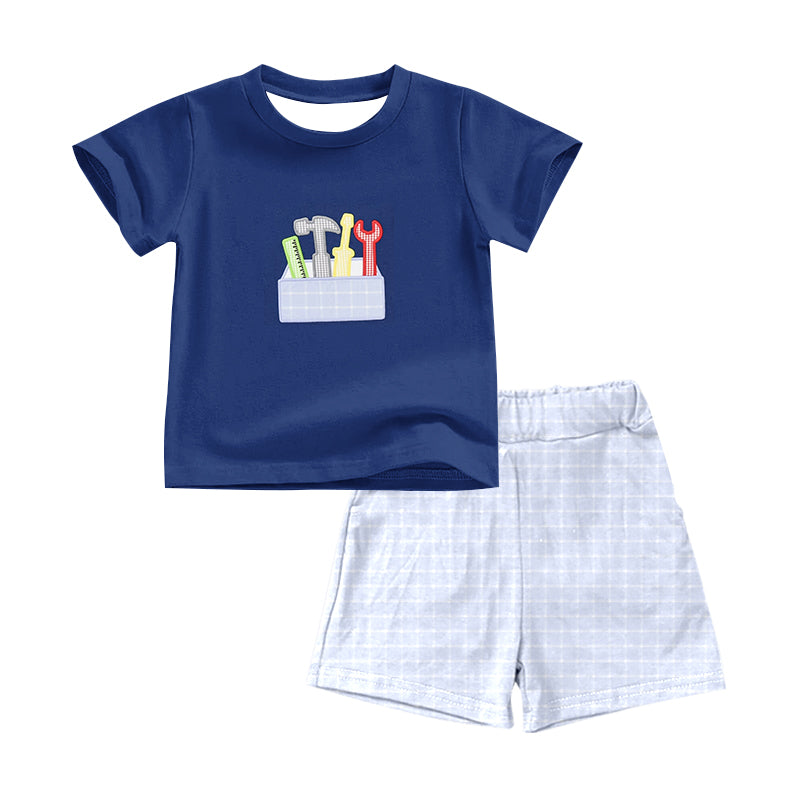 Preorder Baby Boy Blue Short Sleeves Tools Shirt Checked Shorts Clothes Set ( Moq 5 )