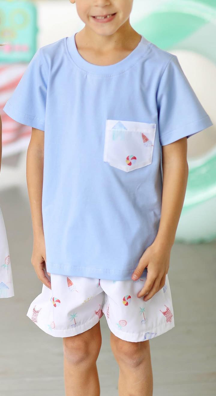Preorder Baby Boy Short Sleeves Blue Pocket Shirt Shorts Beach Set ( Moq 5 )