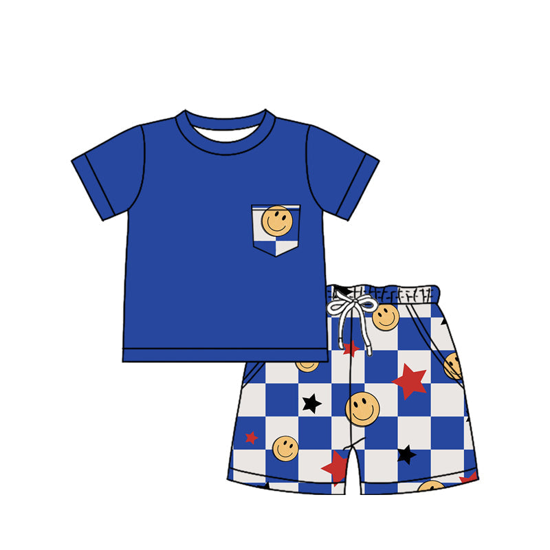 Preorder Baby Boy Pocket Blue Shirt Checkered Smile Shorts Clothes Set ( Moq 5 )