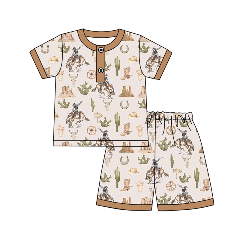 Preorder Baby Boy Western Rodeo Cactus Shirt Shorts Pajamas Clothes Set ( Moq 5 )