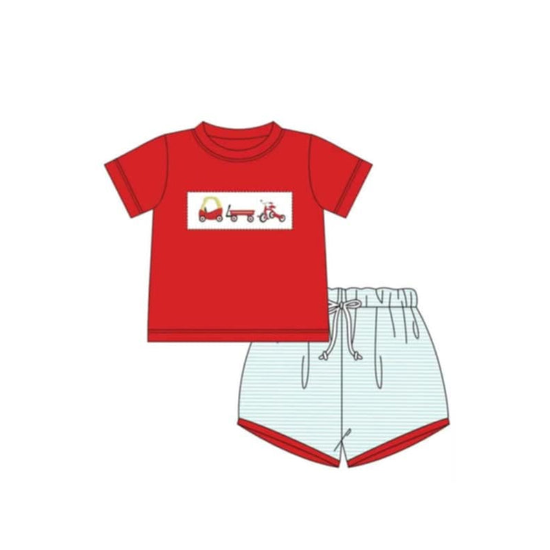 Preorder Baby Boy Short Sleeves Car Red Shirt Stripes Shorts Clothes Set ( Moq 5 )