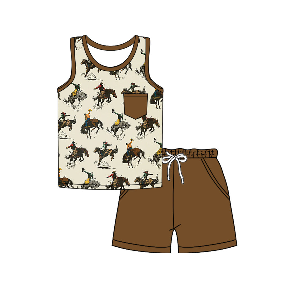 Preorder Baby Boy Sleeveless Western Rodeo Shirt Brown Pockets Shorts Clothes Set ( Moq 5 )
