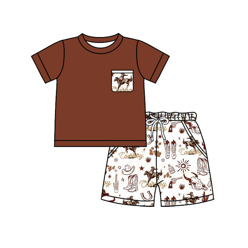 Preorder Baby Boy Short Sleeves Pocket Shirt Western Rodeo Boots Shorts Set ( Moq 5 ）