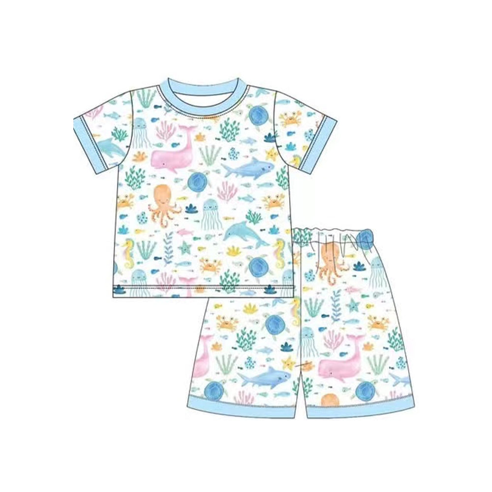 Preorder Baby Boy Short Sleeves Sea Animals Shirt Shorts Pajamas Clothes Set ( Moq 5 )