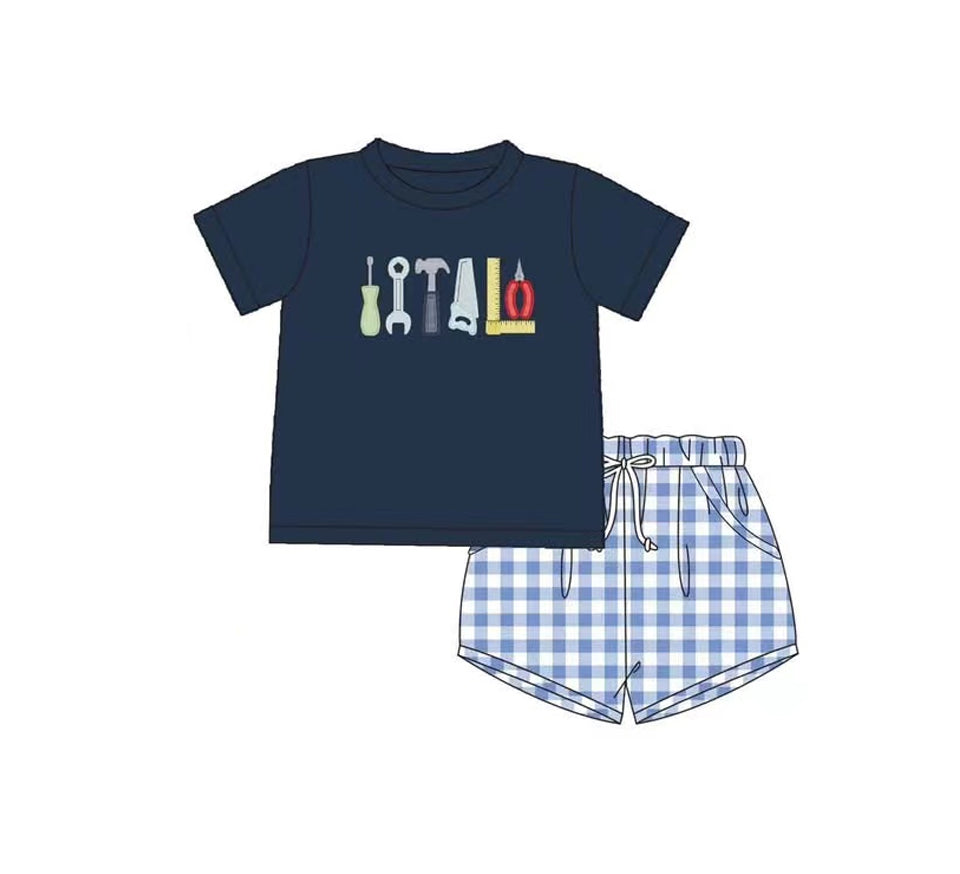 Preorder Baby Boy Short Sleeves Tools Tee Shirt Checkered Pockets Shorts Clothes Set ( Moq 5 )
