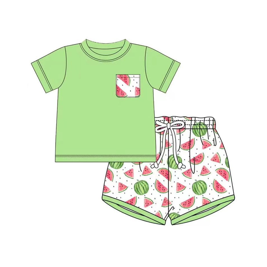 Preorder Baby Boy Short Sleeves Green Shirt Watermelon Shorts Clothes Set ( Moq 5 )