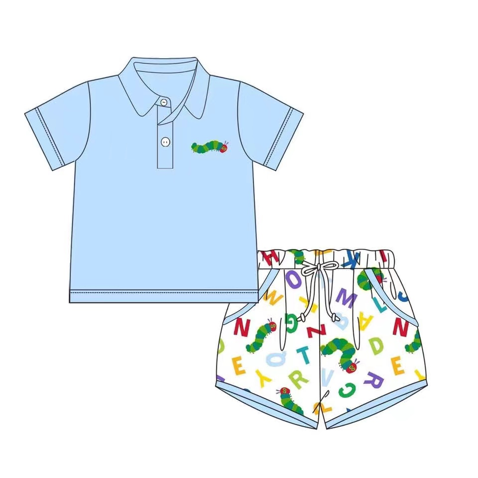 Preorder Baby Boy Short Sleeves Blue Buttons Shirt Shorts Back To School Set ( Moq 5 )