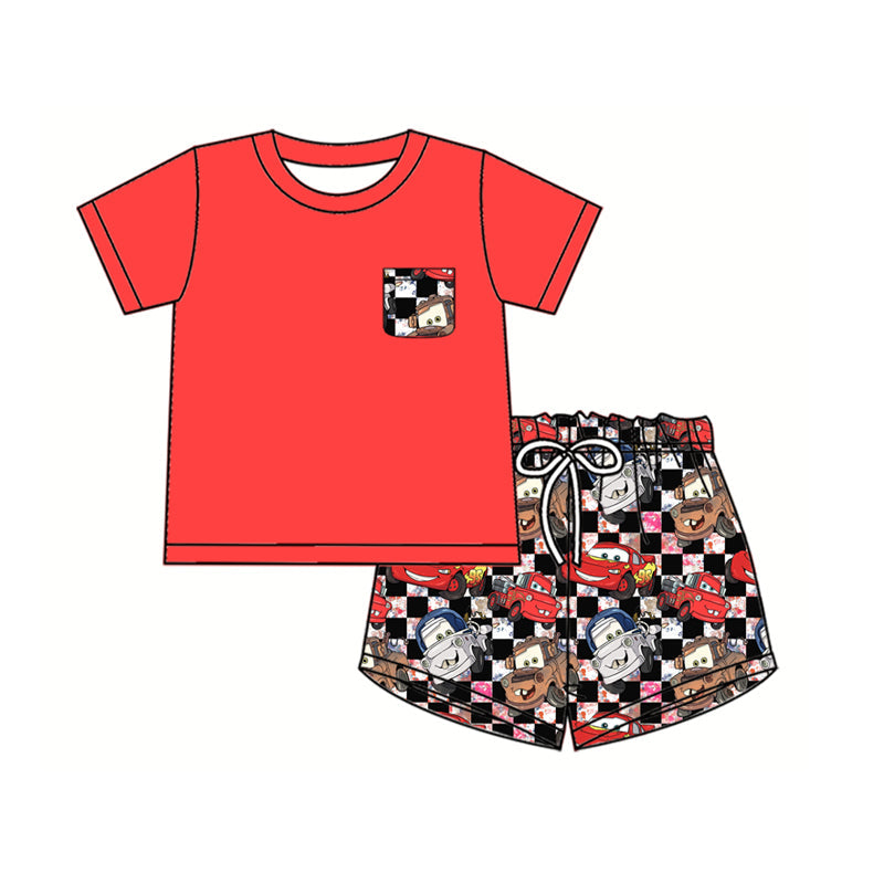 Preorder Baby Boy Pocket Red Shirt Checkered Cartoon Car Shorts Clothes Set ( Moq 5 )