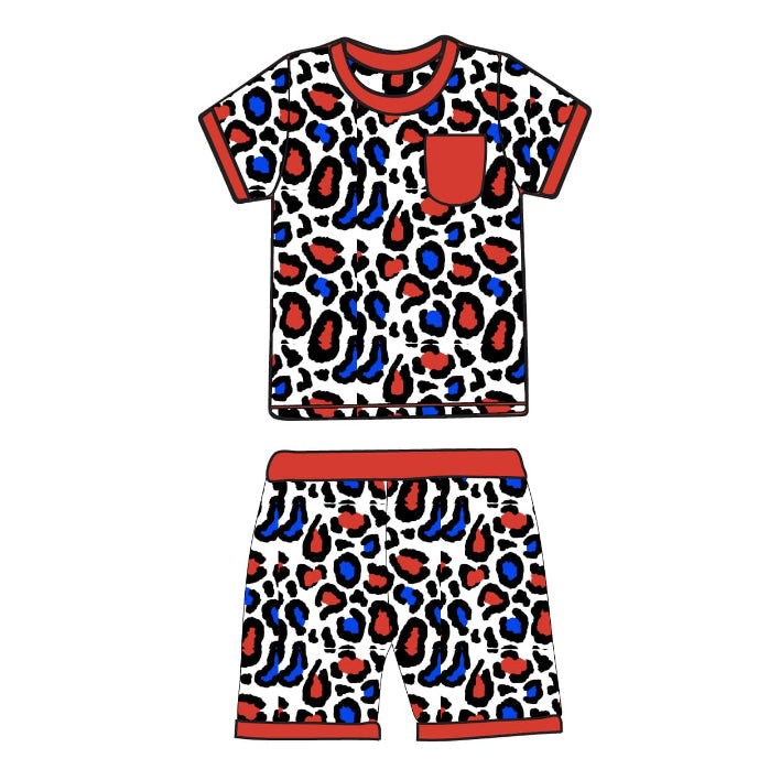 Preorder Baby Boy Short Sleeves Red Blue Leopard Shirt Shorts July 4th Set ( Moq 5 )