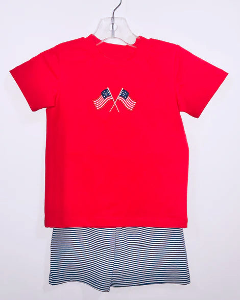 Preorder Baby Boy Short Sleeves Flag Red Shirt Stripe Shorts 4th Of July Set ( Moq 5 )