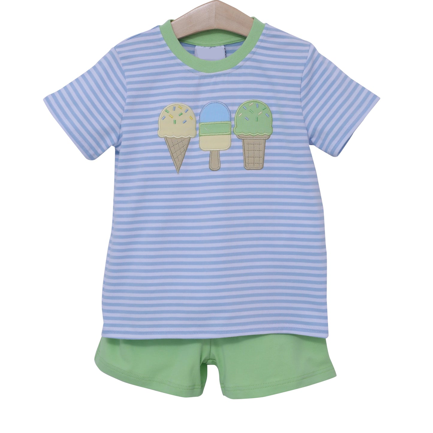 Preorder Baby Boy Short Sleeves Ice Cream Blue Stripes Shirt Green Shorts Set ( Moq 5 )
