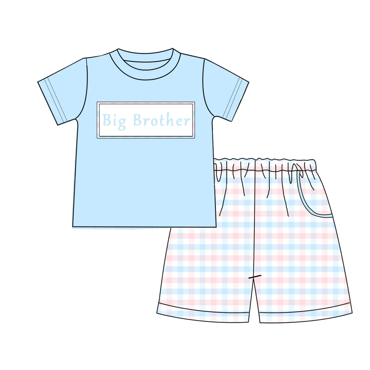 Preorder Baby Boy Short Sleeves Big Brother Blue Shirt Checked Shorts Set ( Moq 5 )