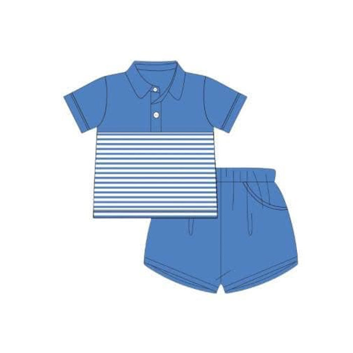 Preorder Baby Boy Short Sleeves Stripes Shirt Pockets Shorts Blue Clothes Set ( Moq 5 )