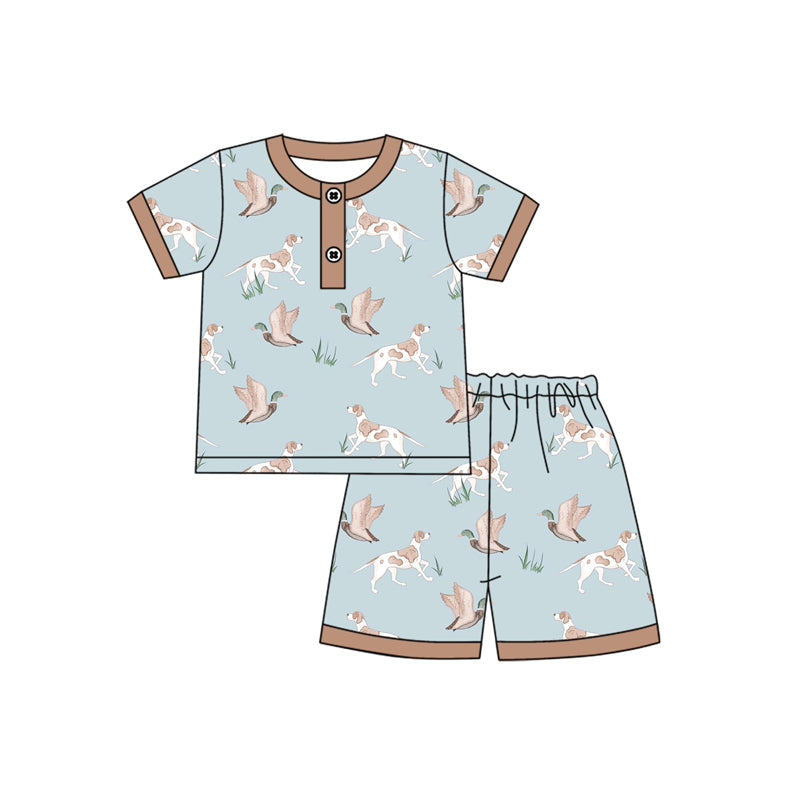 Preorder Baby Boy Short Sleeves Ducks Dogs Button Shirt Hunting Short Pajamas Set ( Moq 5 )