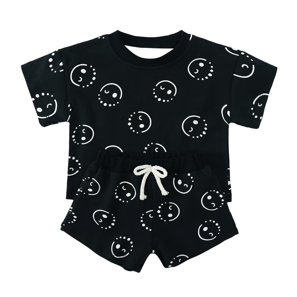 Preorder Baby Kids Toddler Short Sleeves Smiles Shirt Shorts Clothes Black Set ( Moq 5 )