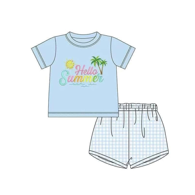 Preorder Baby Boy Short Sleeves Beach Blue Shirt Plaid Short Set ( Moq 5 )