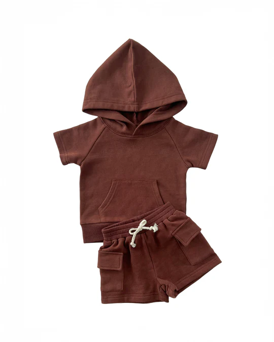 Preorder Baby Boy Brown Short Sleeves Hoodie Shirt Pockets Shorts Set ( Moq 5 )