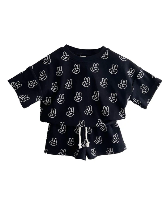 Preorder Baby Kids Toddler Black Short Sleeves Yeahs Shirt Shorts Pajamas Set（ Moq 5 ）