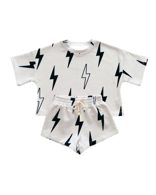 Preorder Baby Kids Toddler White Short Sleeves Lightning Shirt Shorts Pajamas Set（ Moq 5 ）