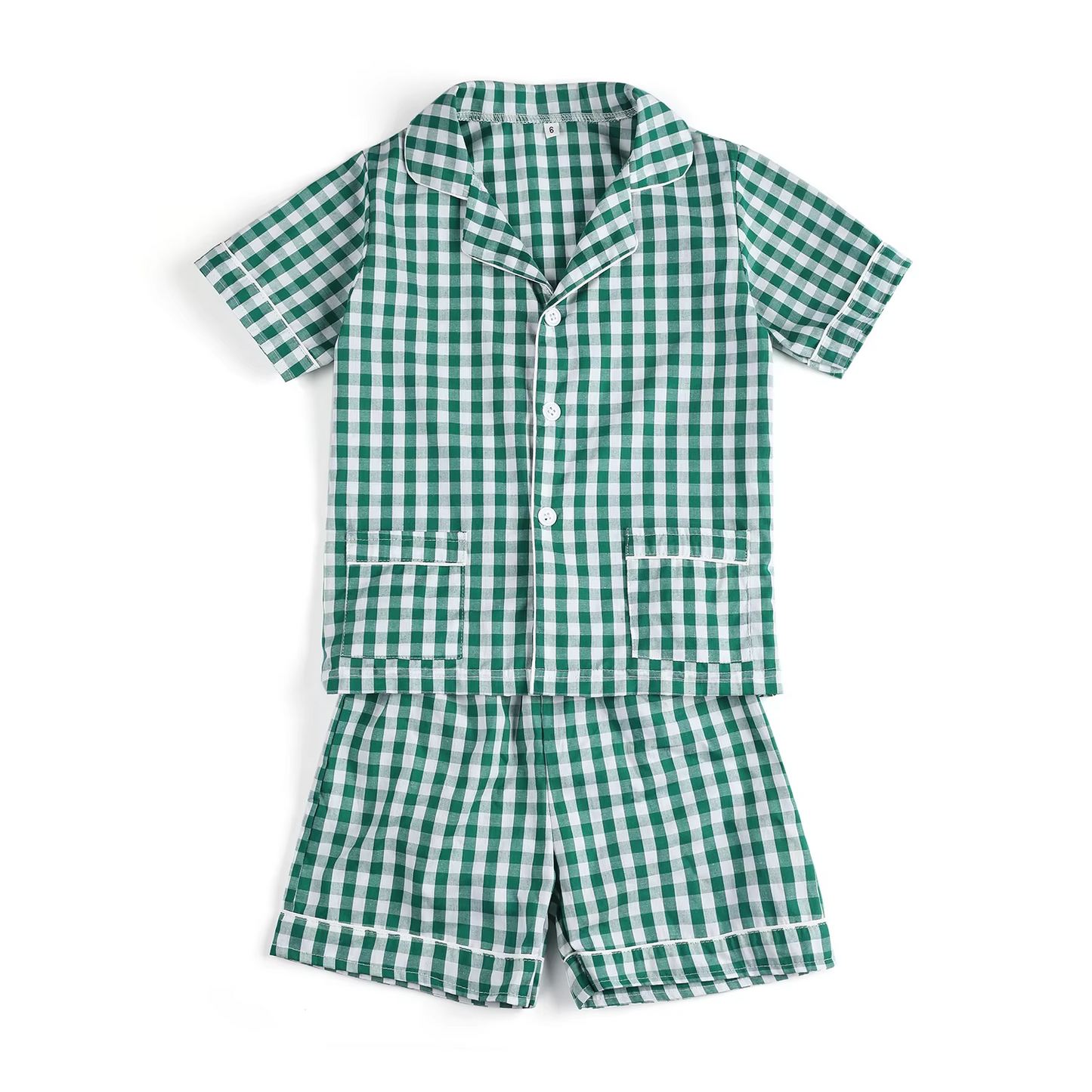Preorder Baby Boy Short Sleeves Pockets Buttons Shirt Green Checked Shorts Pajamas Set ( Moq 5 )
