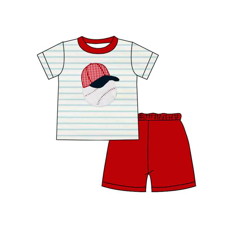 Preorder Baby Boy Short Sleeves Baseball Stripes Shirt Red Shorts Clothes Set ( Moq 5 )