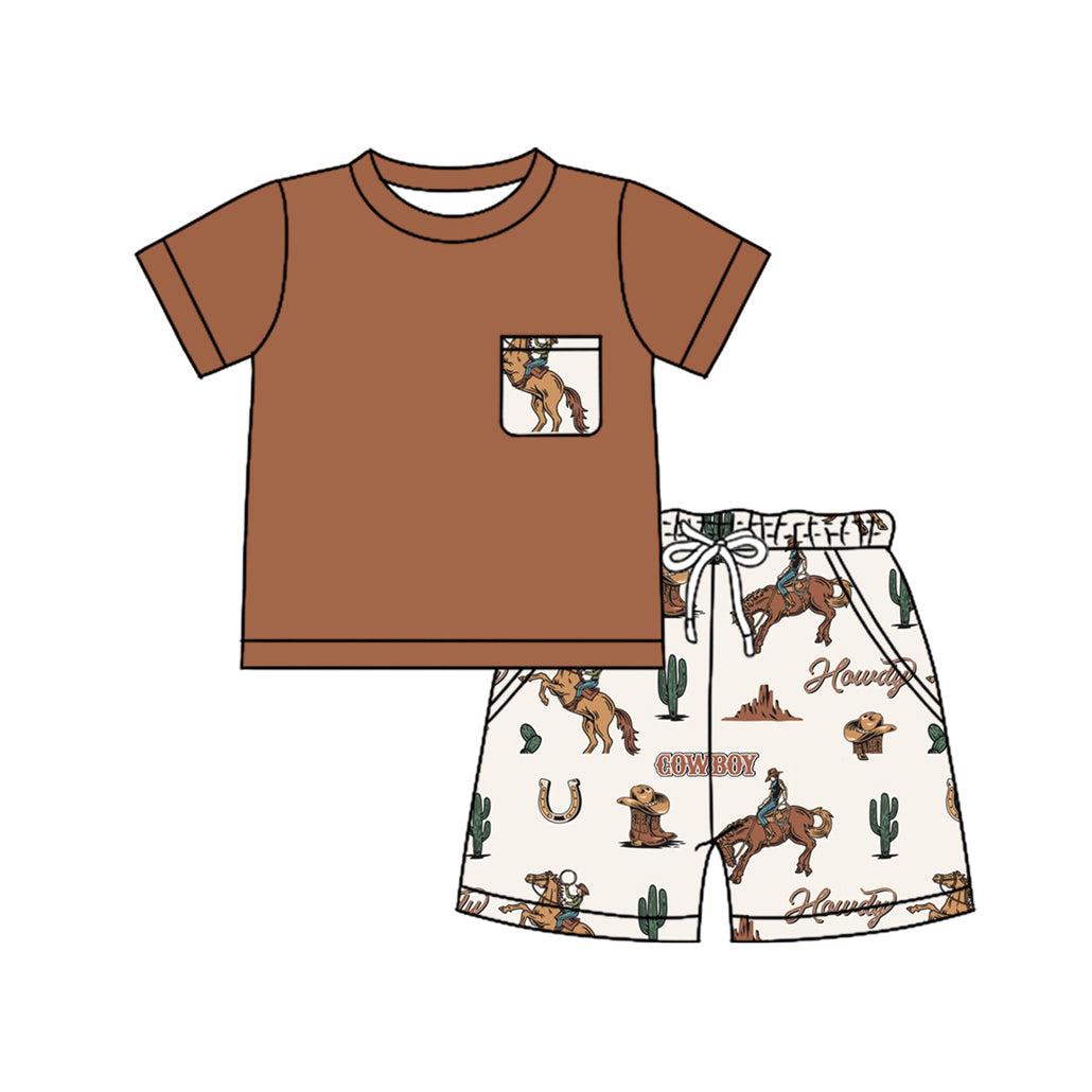 Preorder Baby Boy Short Sleeves Brown Shirt Pockets Shorts Western Rodeo Clothes Set（ Moq 5 ）