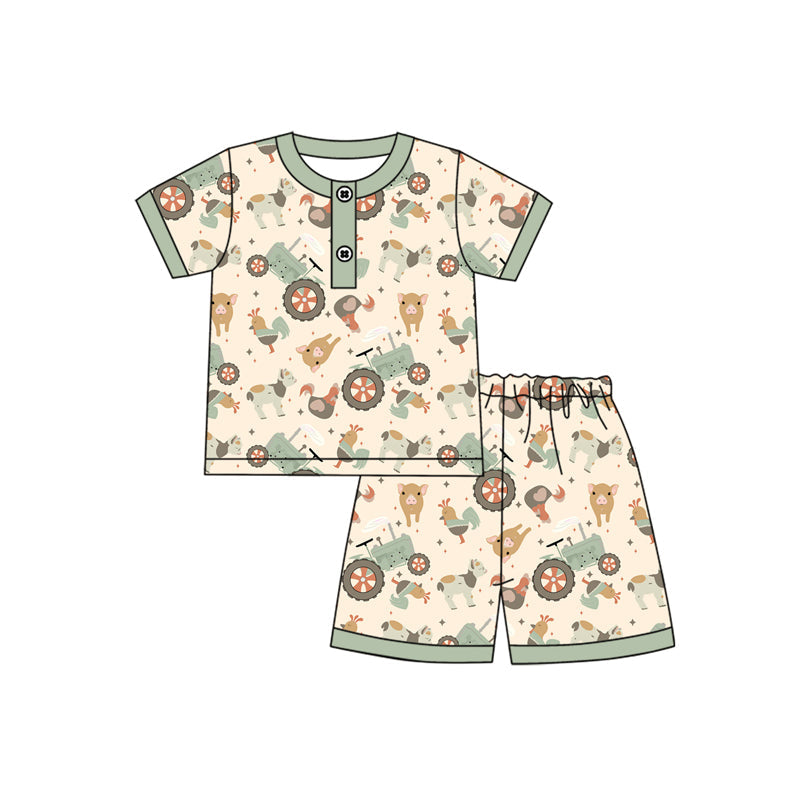 Preorder Baby Boy Short Sleeves Shirt Farm Animals Tractors Shorts Pajamas Set ( Moq 5 )