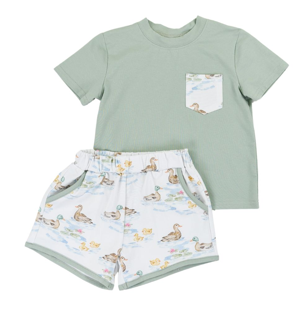 Preorder Baby Boy Short Sleeves Green Shirt Ducks Pockets Shorts Set（ Moq 5 ）