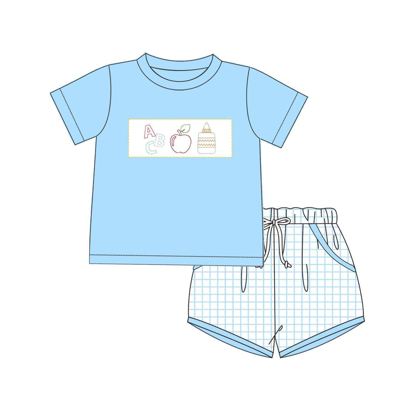 Preorder Baby Boy Back To School Apple Pencil Blue Shirt Plaid Pockets Shorts Set（ Moq 5 ）