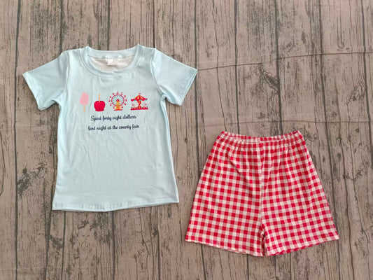 ( No moq ) Preorder Baby Boy Short Sleeves Blue Shirt Red Plaid Short Set
