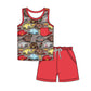 Preorder Baby Boy Sleeveless Cartoon Hats Shirt Red Pockets Shorts Set ( No moq )