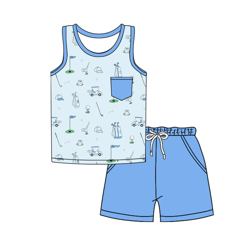 Preorder Baby Boy Sleeveless Golf Shirt Pockets Blue Shorts Set ( Moq 5 )