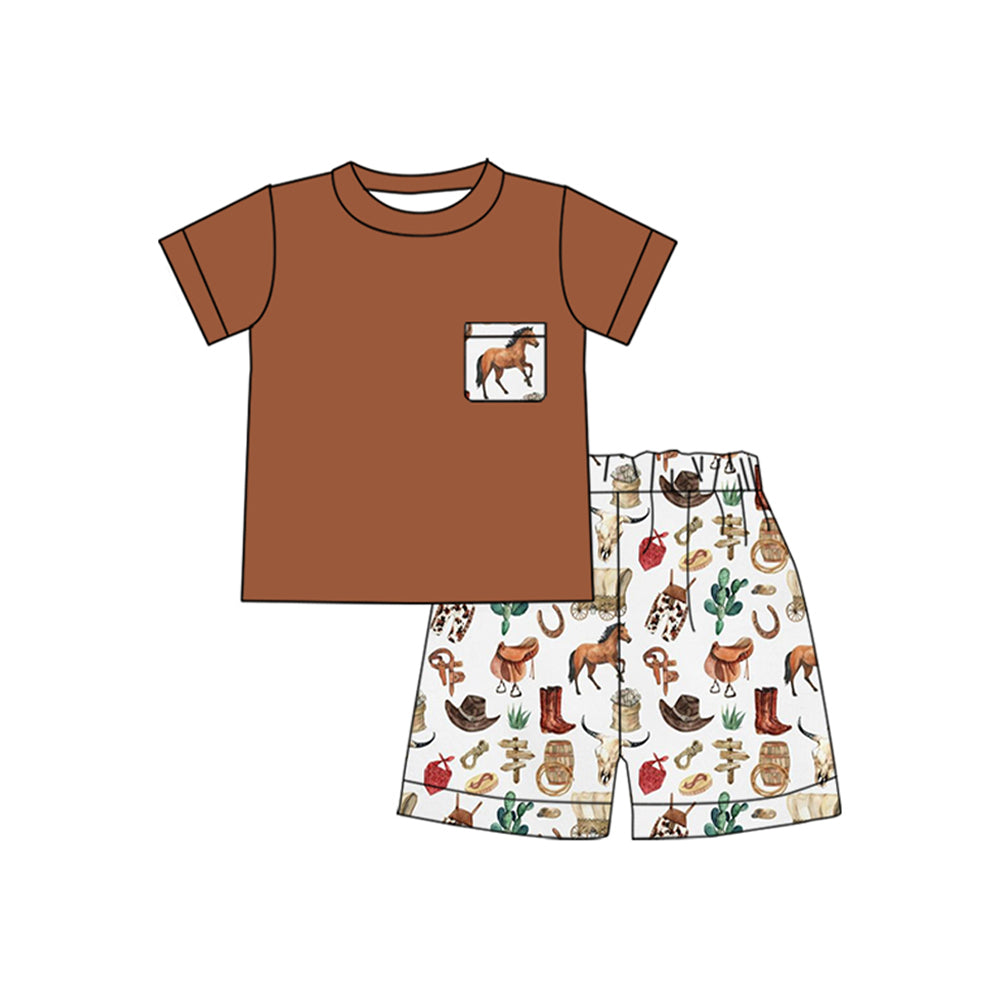 Preorder Baby Boy Brown Short Sleeves Pocket Shirt Cactus Horse Shorts Set ( Moq 5 )