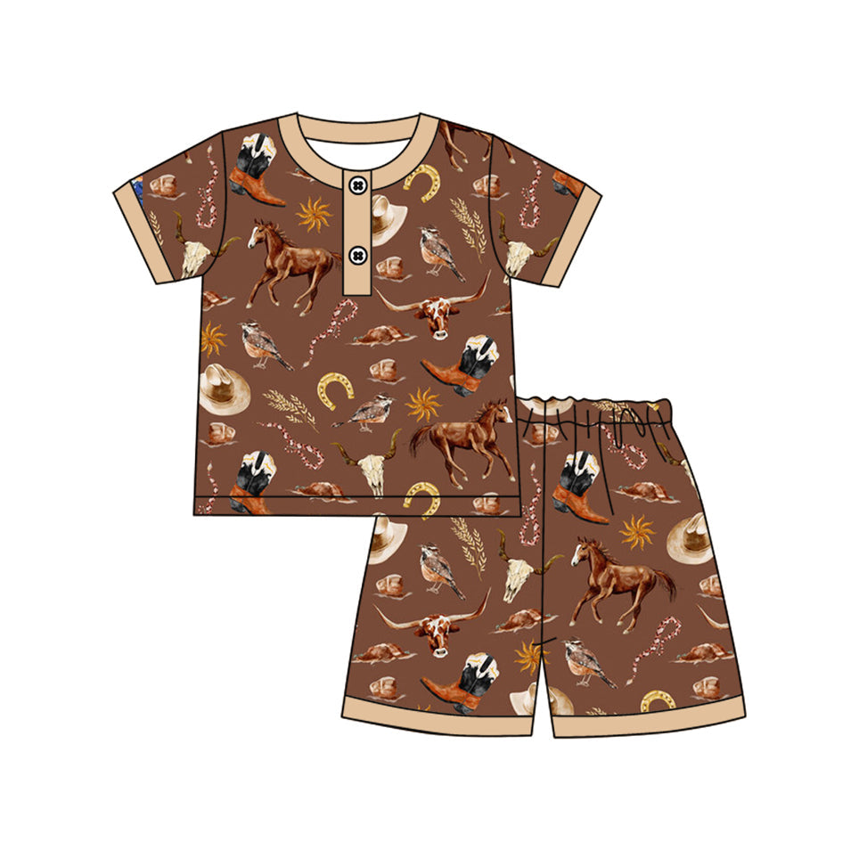 Preorder Baby Boy Brown Short Sleeves Hats Horse Buttons Shirt Shorts Pajamas Set ( Moq 5 )