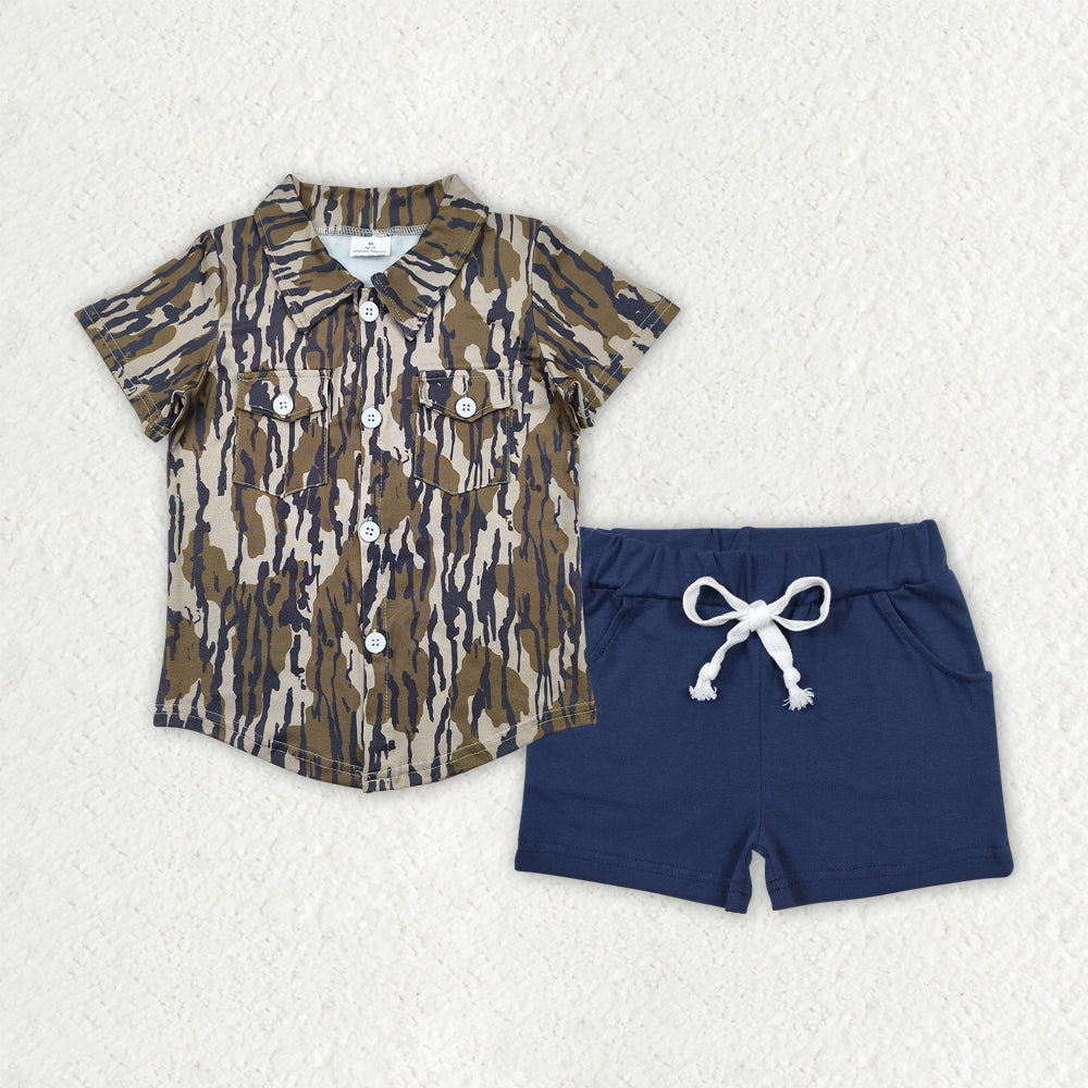 Baby Boy Short Sleeves Camo Pockets Shirt Navy Cotton Shorts Set RTS