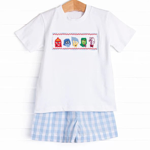 Preorder Baby Boy Short Sleeves Cartoon Shirt Blue Plaid Shorts Set ( Moq 5 )