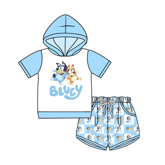 Preorder Baby Boy Short Sleeves Cartoon Dogs Blue Hoodie Shirt Pockets Shorts Set ( Moq 5 )
