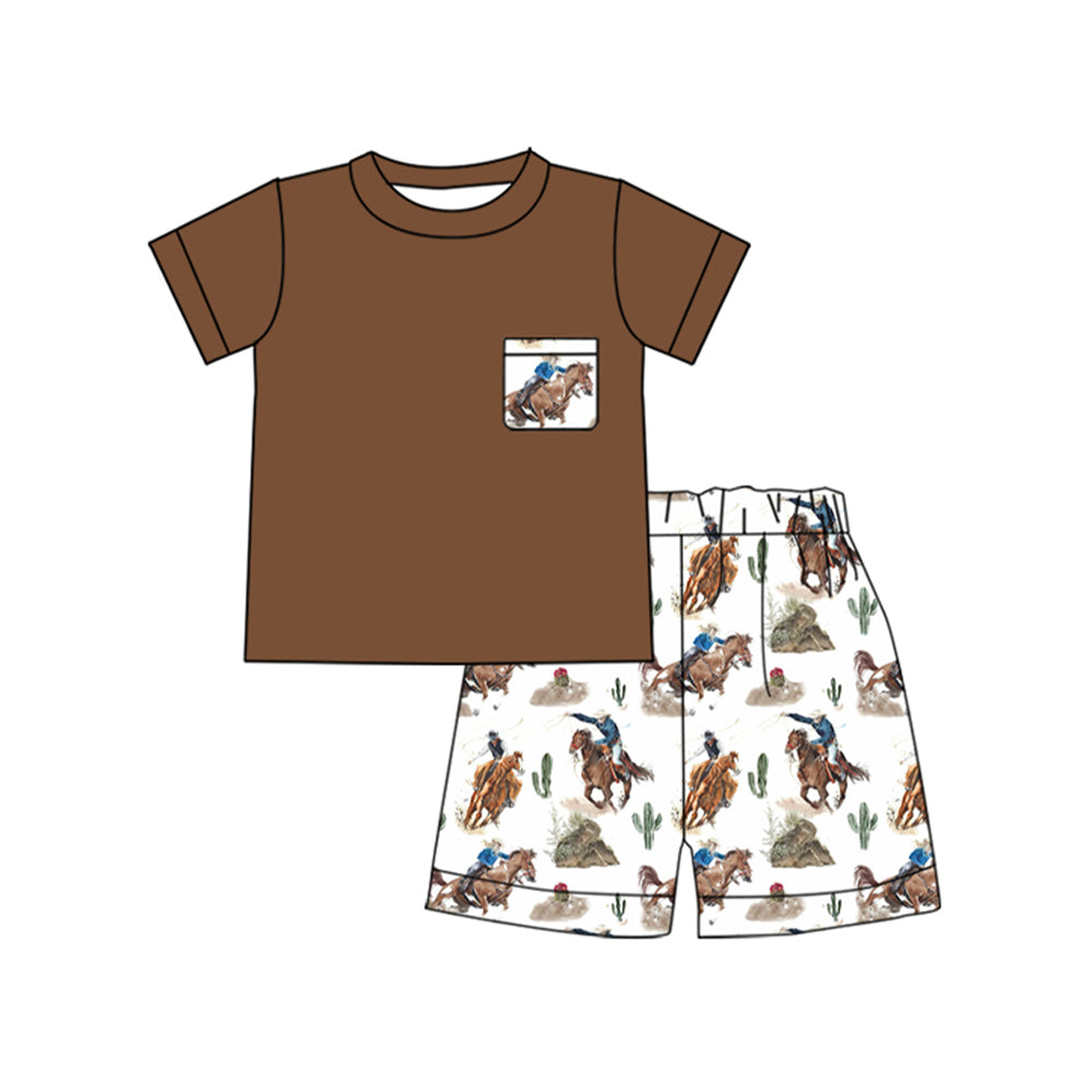 Preorder Baby Boy Short Sleeves Pockets Shirt Cactus Rodeo Shorts Western Set ( Moq 5 )