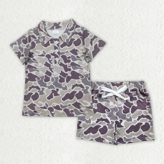 Baby Boy Short Sleeves Buttons Shirt Pockets Shorts Grey Camo Set RTS