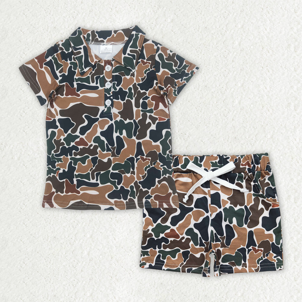 Baby Boy Short Sleeves Buttons Shirt Pockets Shorts Camo Set RTS