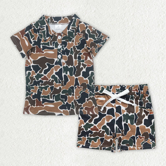 Baby Boy Short Sleeves Buttons Shirt Pockets Shorts Camo Set RTS