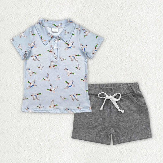 Baby Boy Short Sleeves Buttons Ducks Shirt Pockets Grey Shorts Set RTS